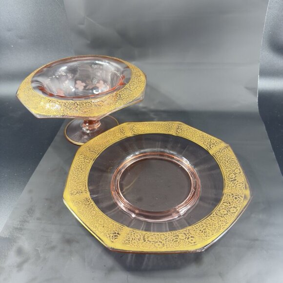 1930s Tiffin Franciscan Pink Depression Gold Edging Rambler Rose Dish Bowl Plate - Picture 9 of 14